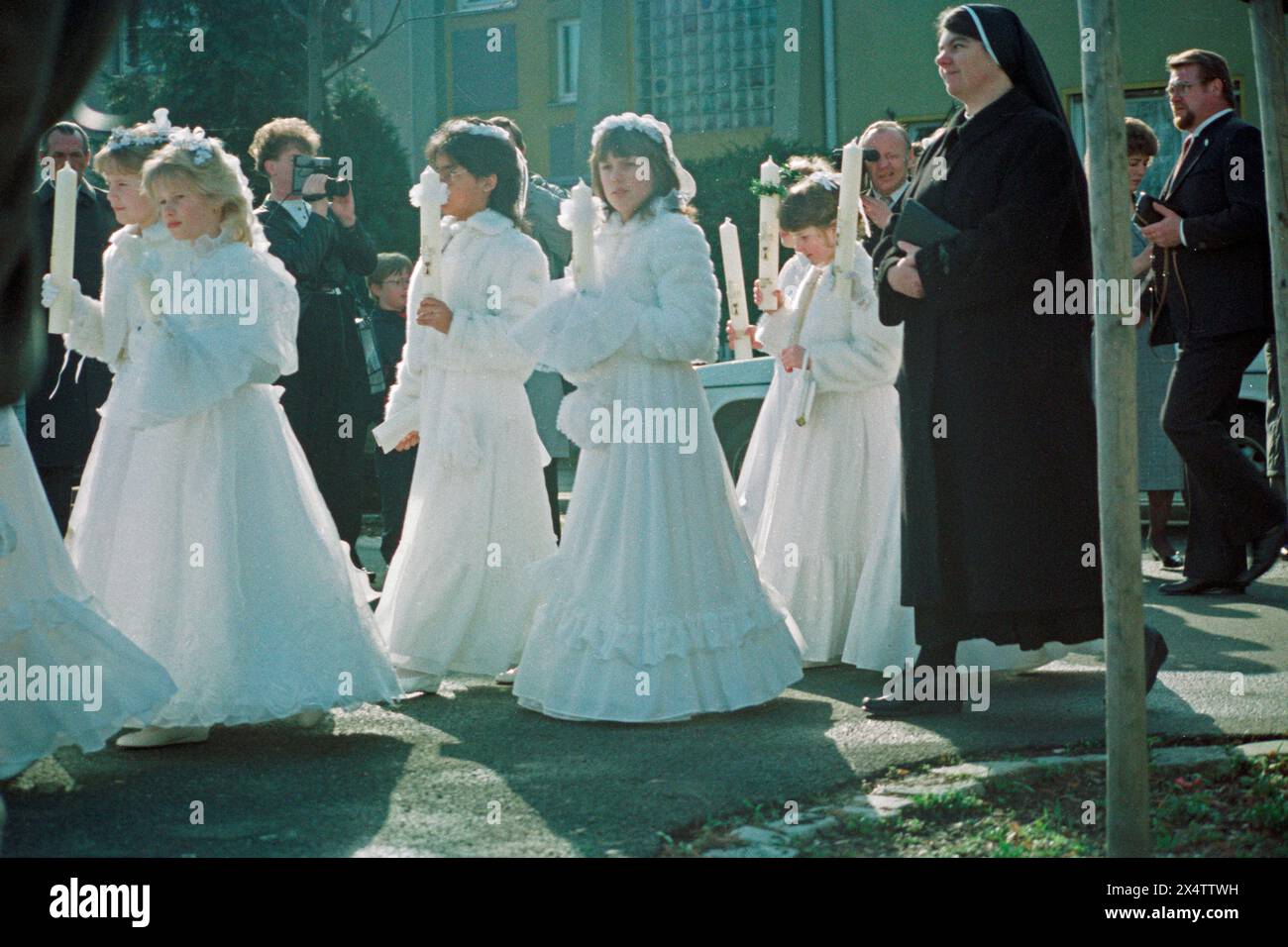 Children on the day of their first communion, girls, nun, procession, Bamberg, Upper Franconia, Bavaria, Germany Stock Photo