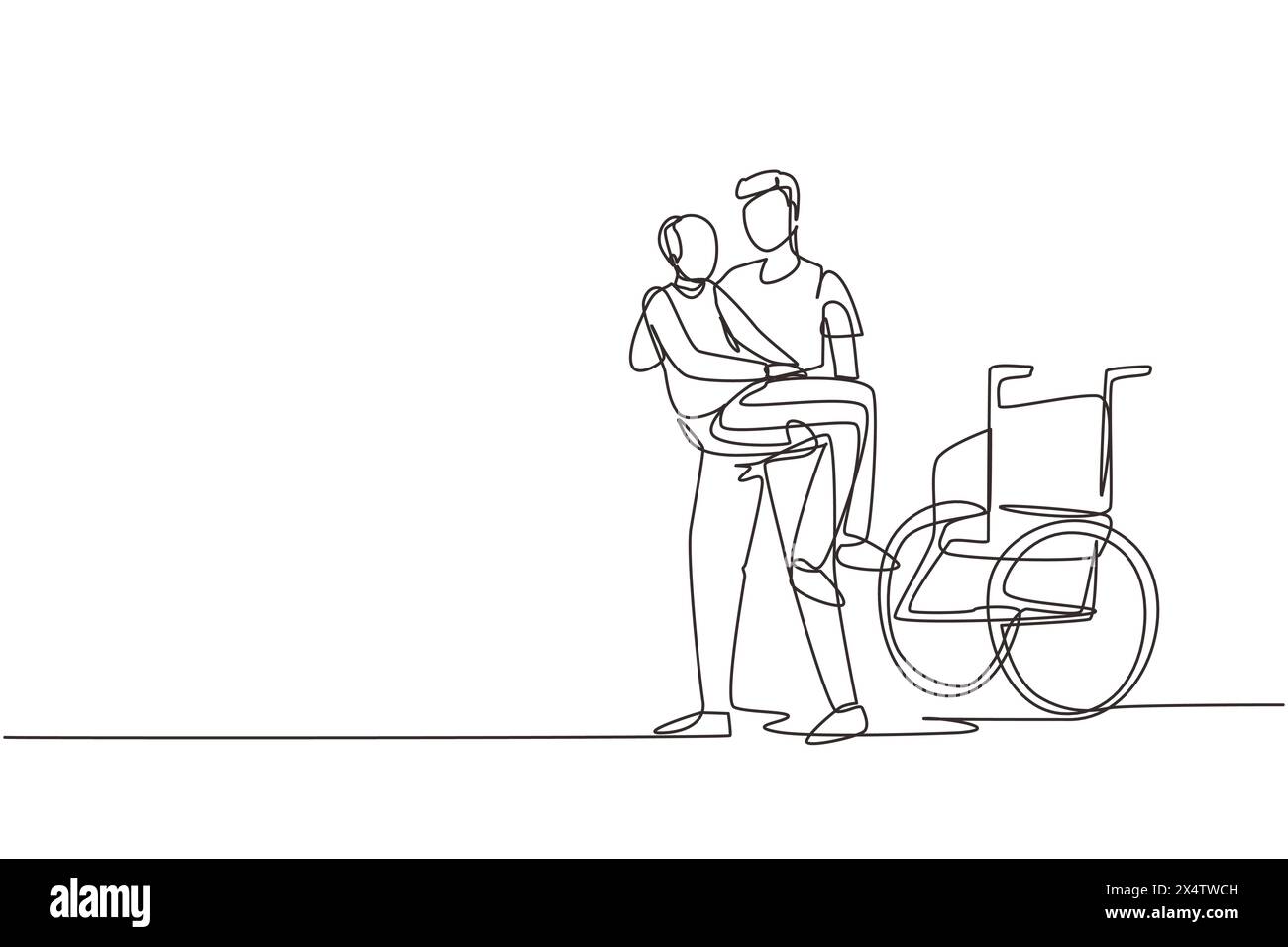 Single continuous line drawing loving son took his old disabled father from wheelchair carrying him in his arms. Happy senior man in hugs of his stron Stock Vector