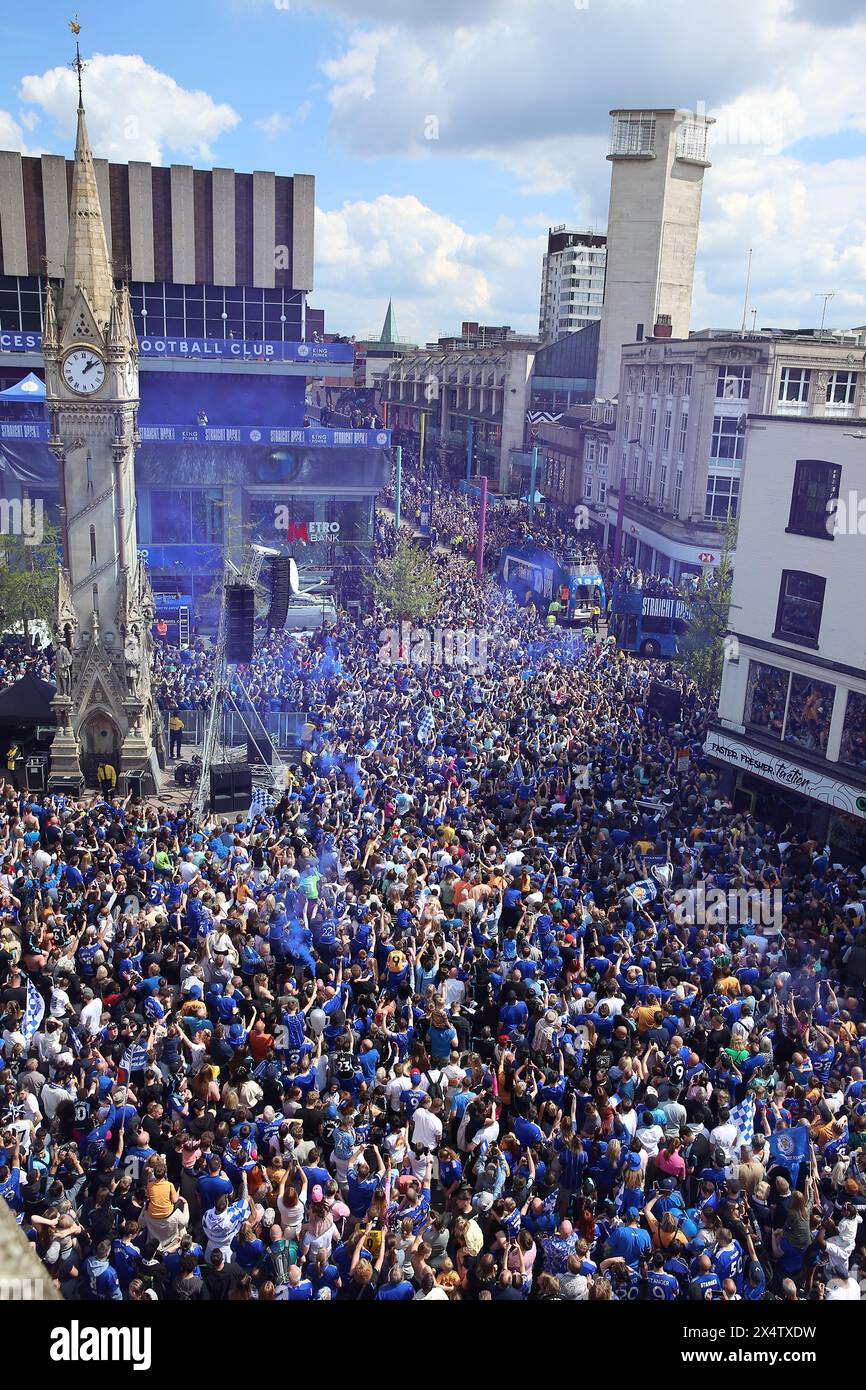 Leicester City players pass the crowds gathered at Gallowtree Gate during an open-top bus parade in Leicester to celebrate winning the Sky Bet Championship title. Picture date: Sunday May 5, 2024. Stock Photo