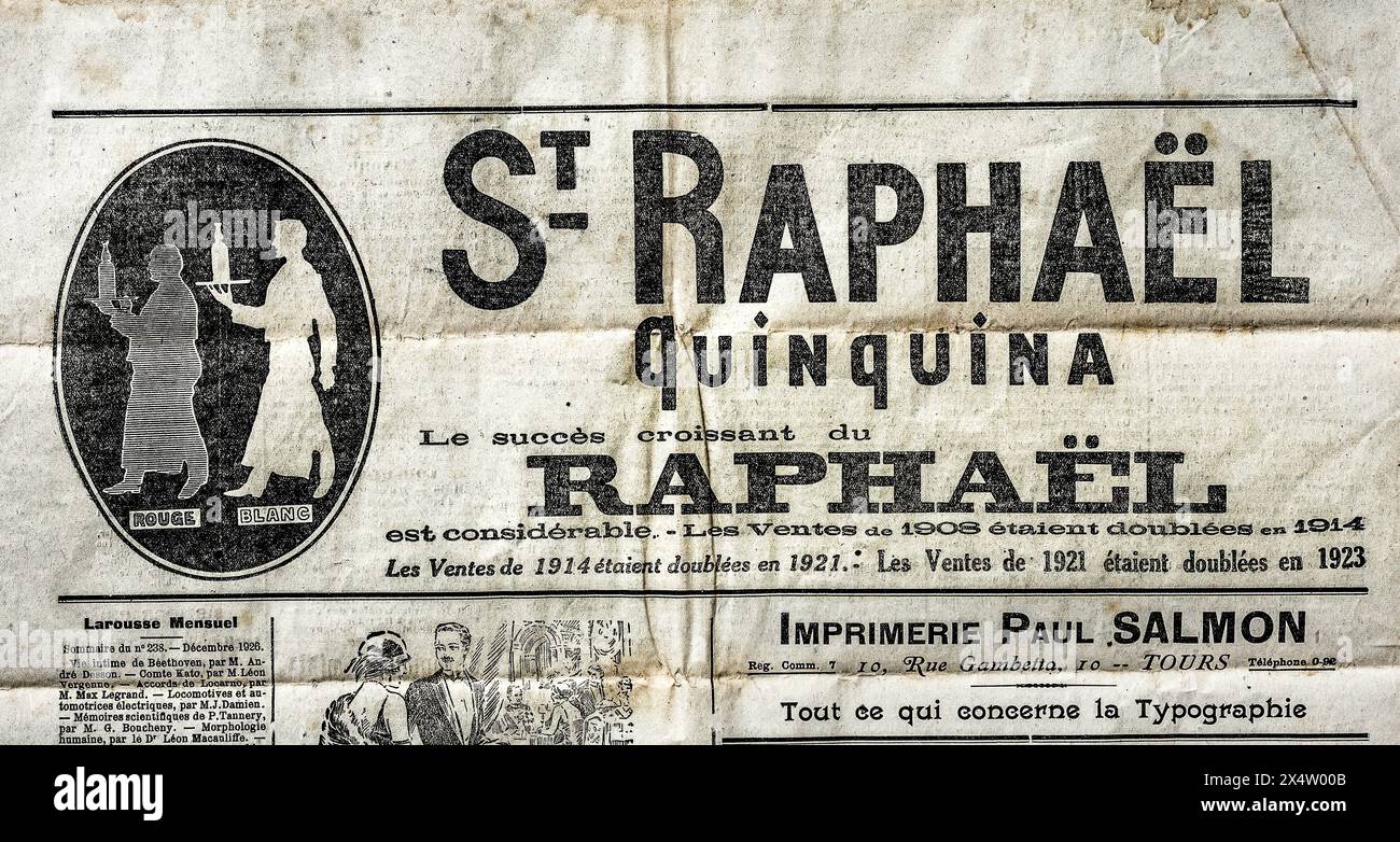 1926 French newspaper advert for 'St. Raphael Quinquina' aromatised wine or apéritif - France. Stock Photo