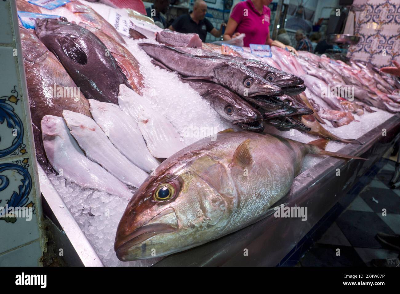 diverse Fische in der Kühltheke auf dem Fischmarkt des Mercado Nuestra Senora de Africa, Teneriffa, Kanarische Inseln, Spanien,Santa Cruz de Tenerife Stock Photo