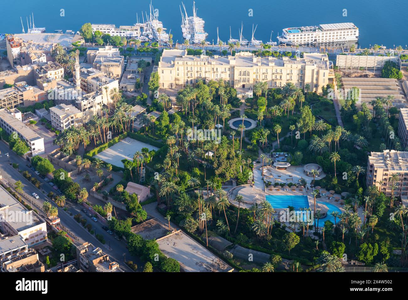 Luxor, Egypt; May 5, 2024 - An aerial view of the Sofitel Winter Palace ...