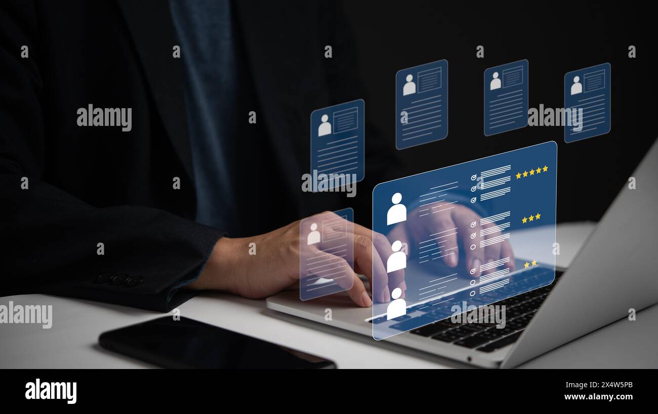 Online assessments, employment forms, and personnel selection checkboxes streamline human resource management. Survey statistics inform interview proc Stock Photo