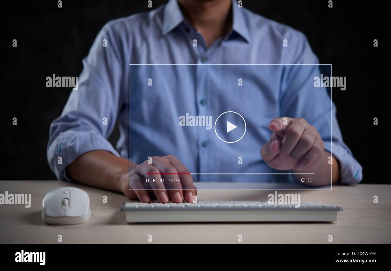 Virtual video playback control overlay on a desktop, symbolizing media management. Stock Photo