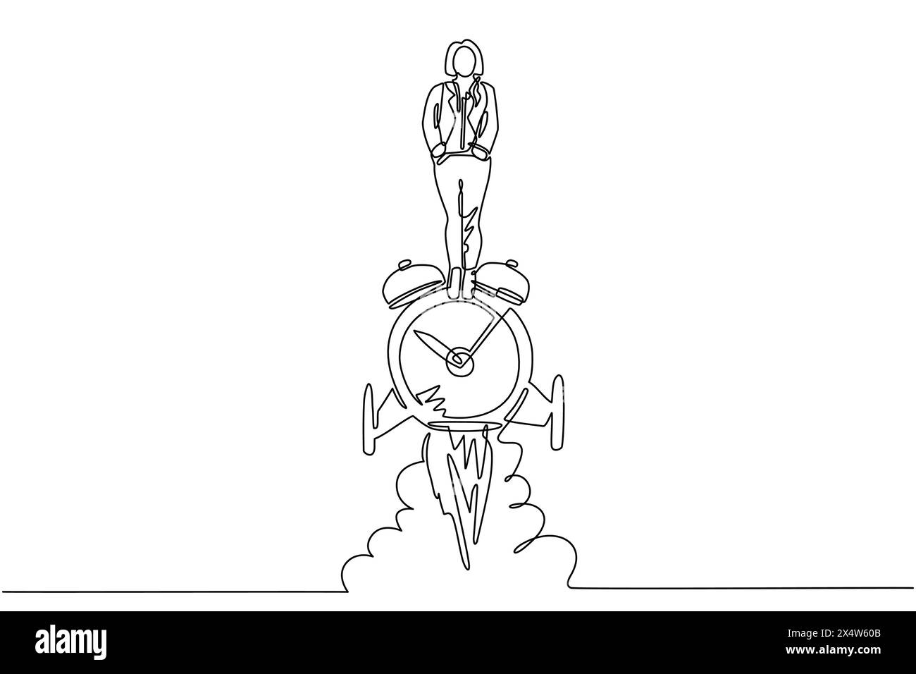 Single one line drawing businesswoman riding alarm clock rocket ship with fire, clouds. Time, watch, limited offer, deadline symbol. Time to work. Cou Stock Vector