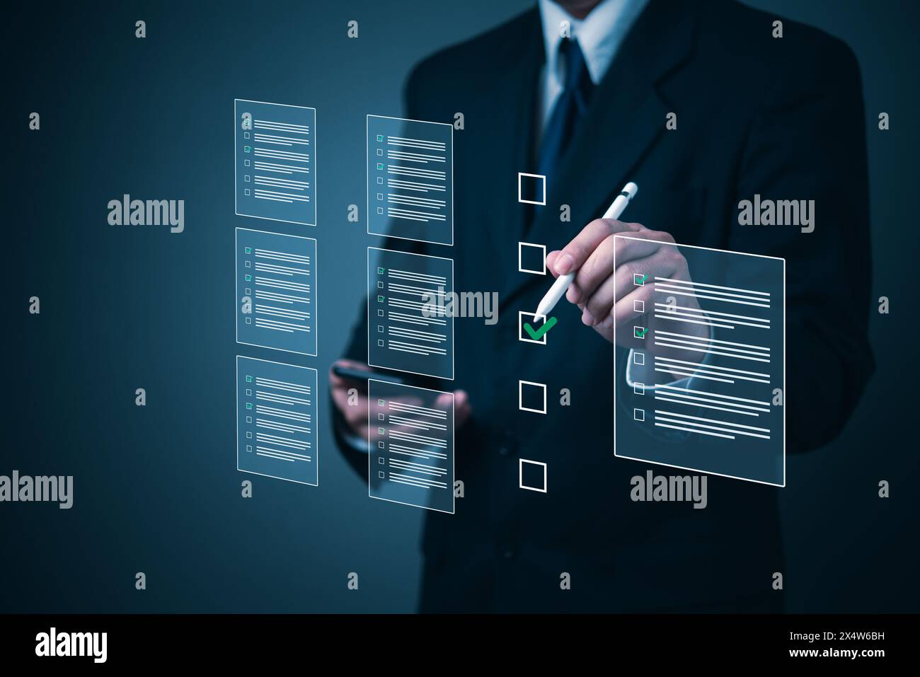 Business executive using a stylus to complete a checklist on a ...