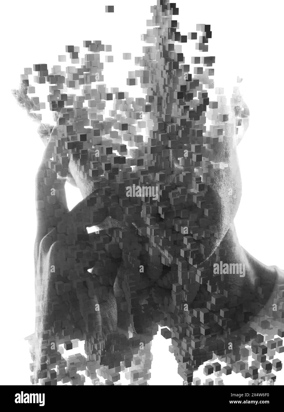 A conceptual double exposure portrait of a man with a 3D shape pattern Stock Photo