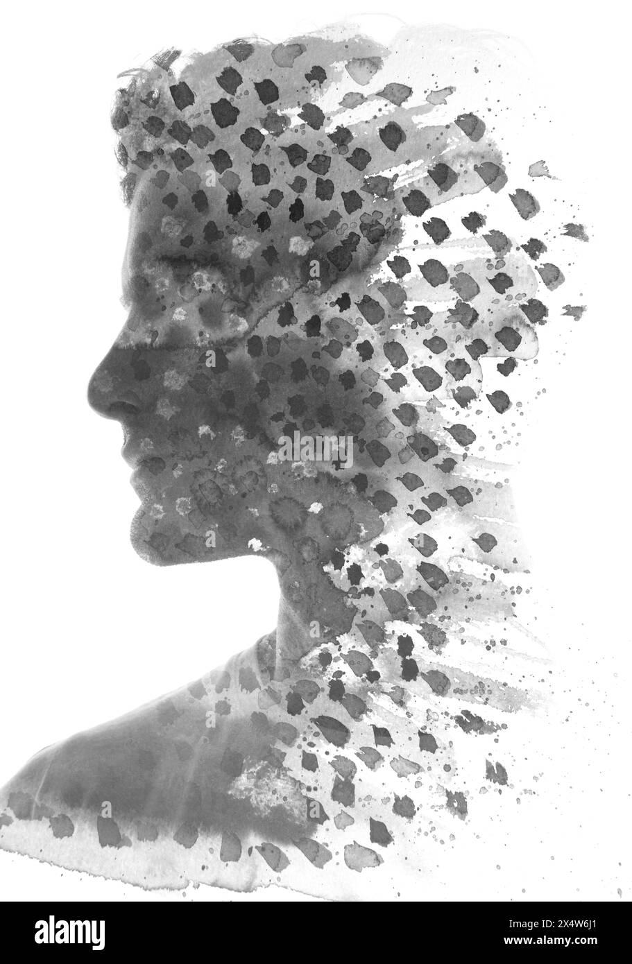 A black and white profile silhouette paintography portrait of a man