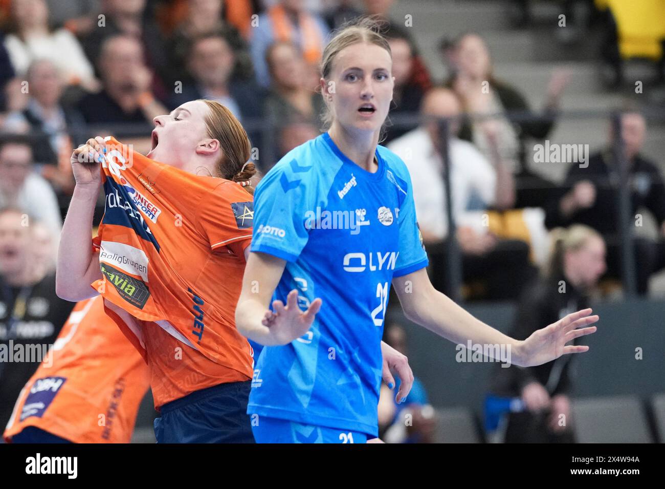 Odense, Denmark. 05th May, 2024. Dione Housheer of Odense reacts during the EHF Champions League quarterfinal between Odense Handball and SG BBM Bietigheim in Sydbank Arena in Odense on Sunday, May 5, 2024. (Photo: Claus Fisker/Ritzau Scanpix) Credit: Ritzau/Alamy Live News Stock Photo