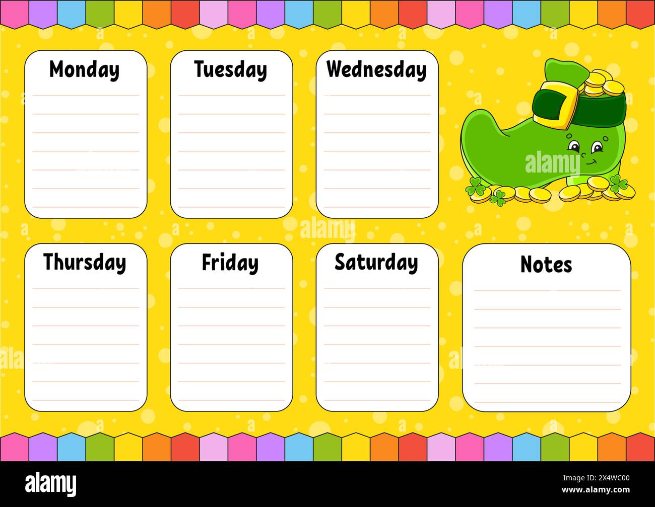 School schedule. Timetable for schoolboys. Empty template. Weekly planer with notes. cartoon character. Vector illustration. Stock Vector