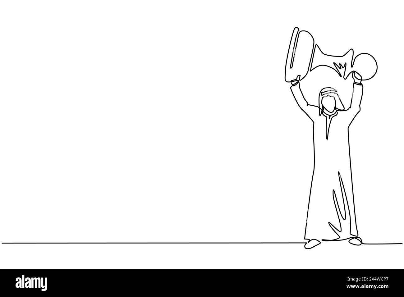 Single continuous line drawing Arabian businessman holding, lifting ...