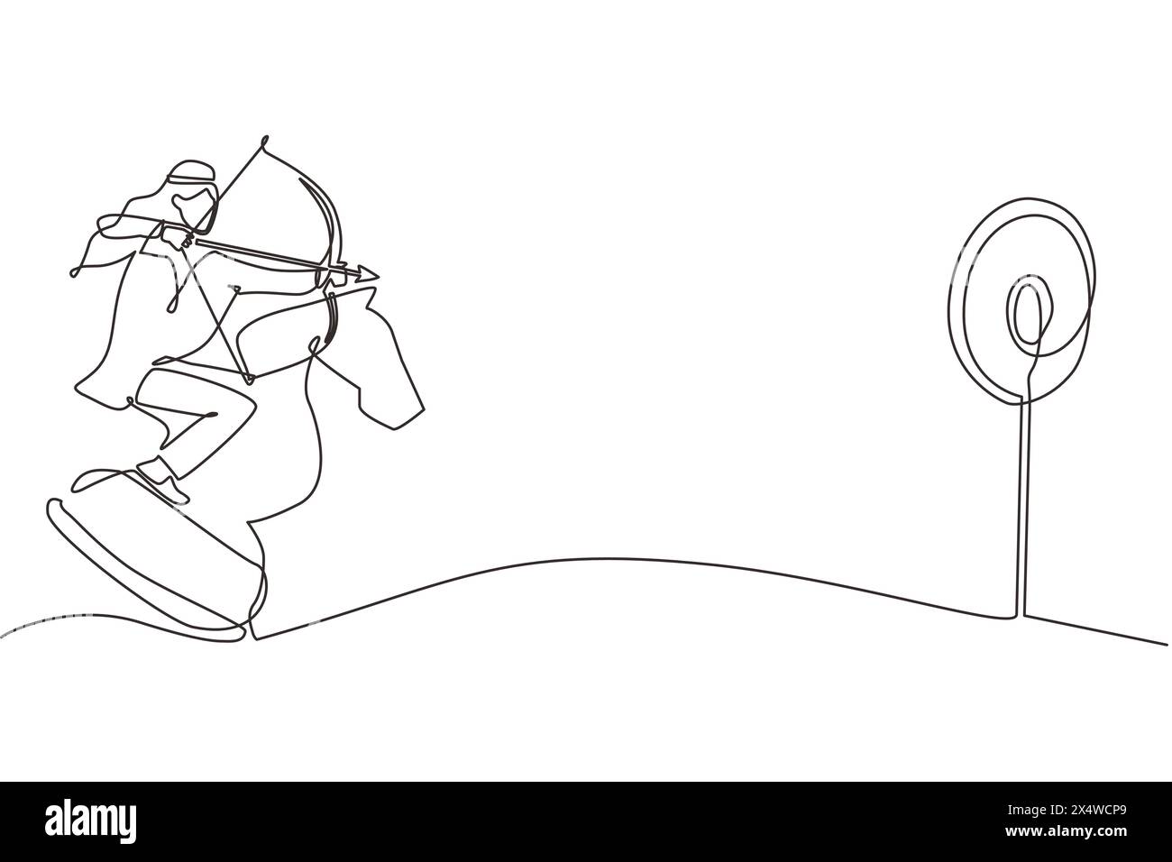 Single one line drawing Arabian businessman holding archery aiming ...