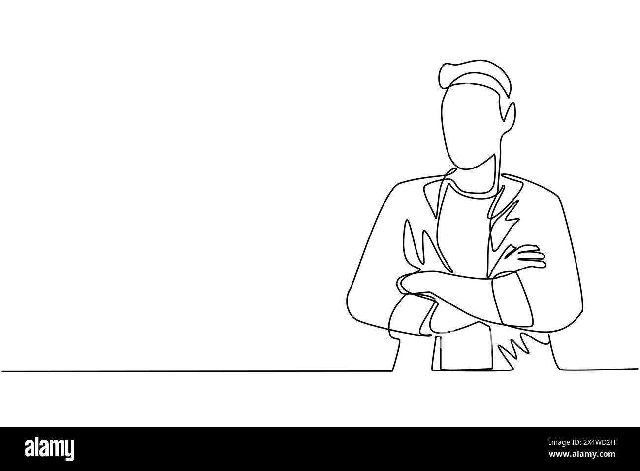 Continuous one line drawing young businessman standing with folded arms ...