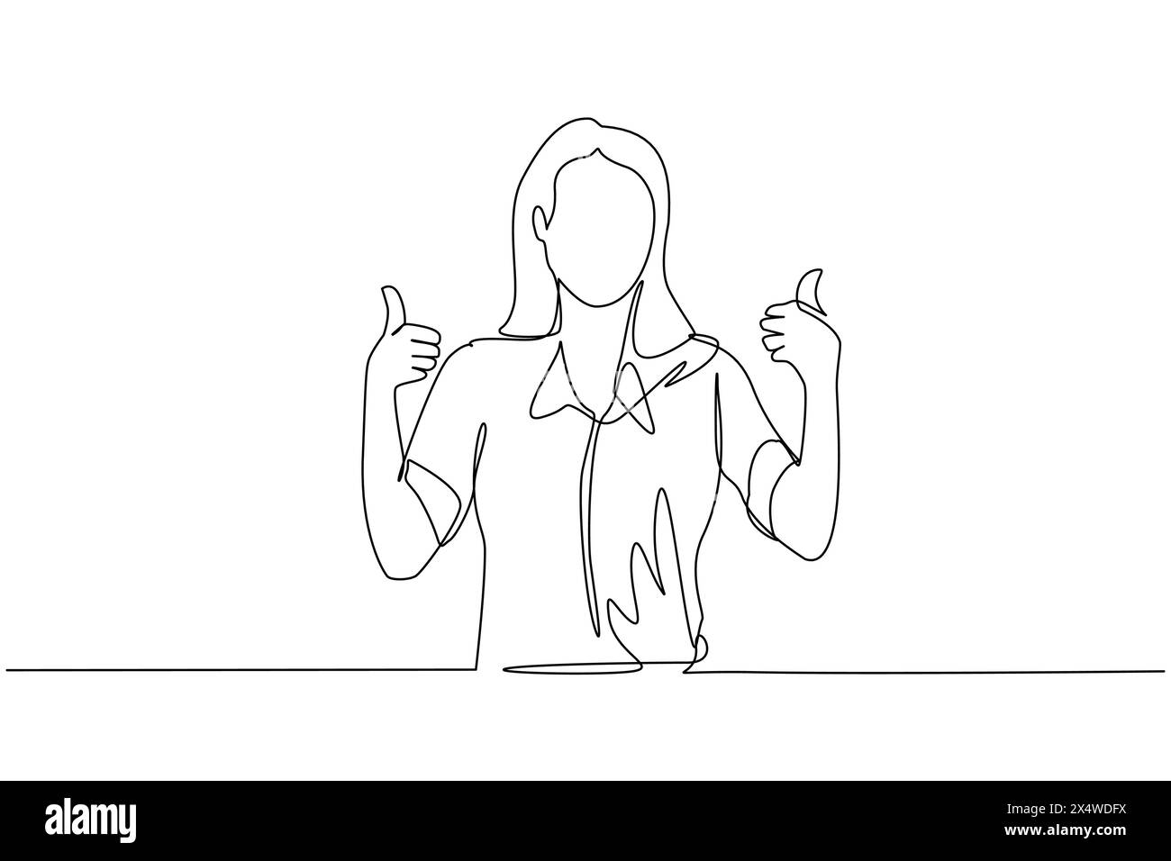 Single one line drawing confident businesswoman thumbs up. Excited female dressed in casual wear showing thumbs up sign. Deal, like, agree, approve, a Stock Vector