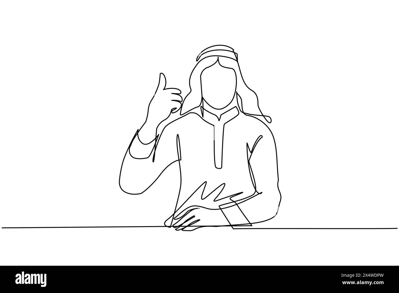Single one line drawing confident Arab businessman thumbs up. Excited