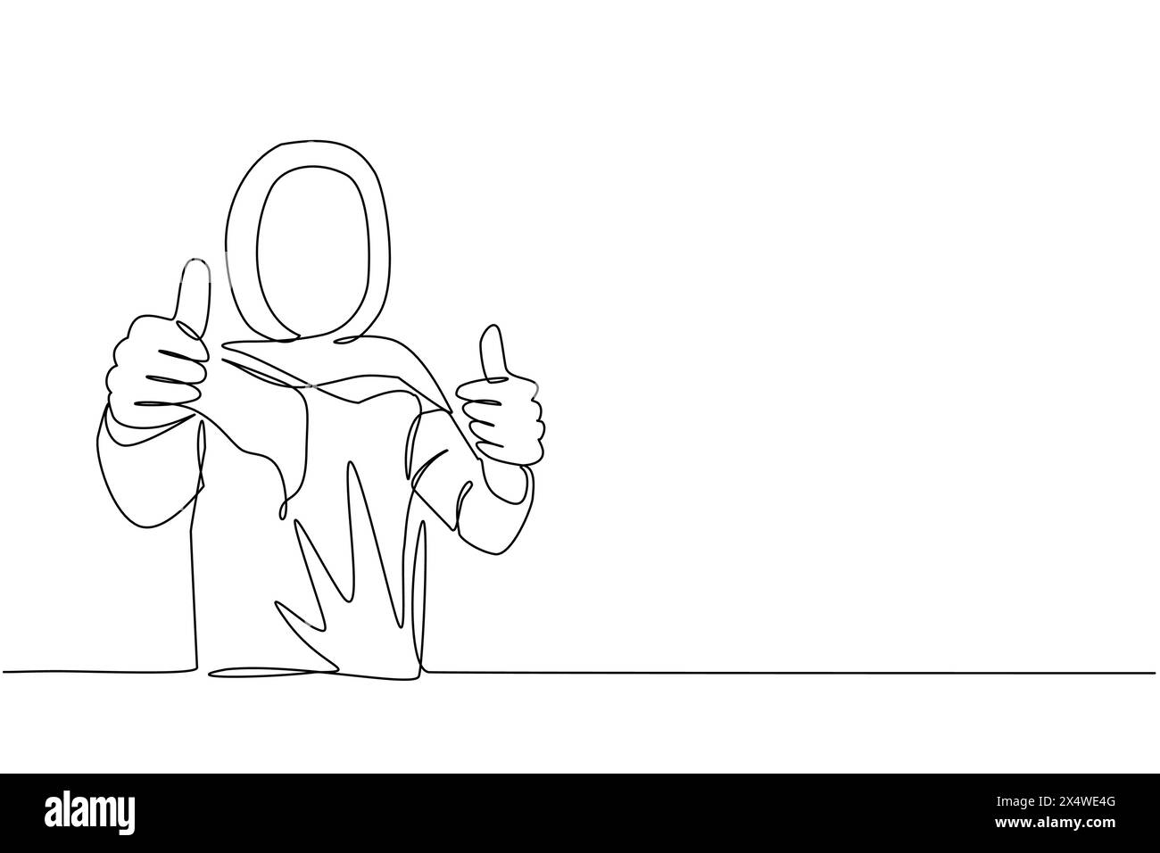 Single one line drawing confident Arab businesswoman thumbs up. Excited female dressed in hijab showing thumbs up sign. Deal, like, agree, approve, ac Stock Vector