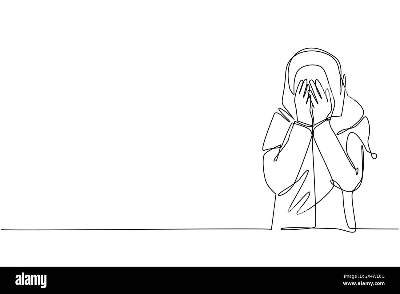 Single continuous line drawing young Arabian woman closes her eyes with her hands because of disgust and reluctance to see something, fear or sadness. Stock Vector