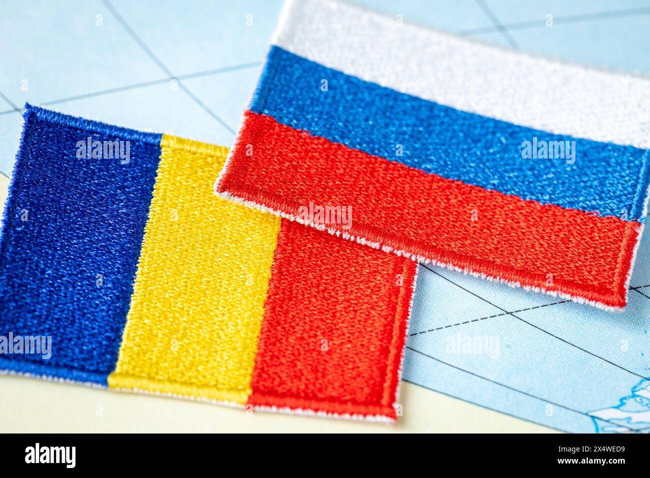 Russia and Romania, Symbols of both countries against the background of the Black Sea map, Concept, Mutual relations of neighboring countries, Difficu Stock Photo
