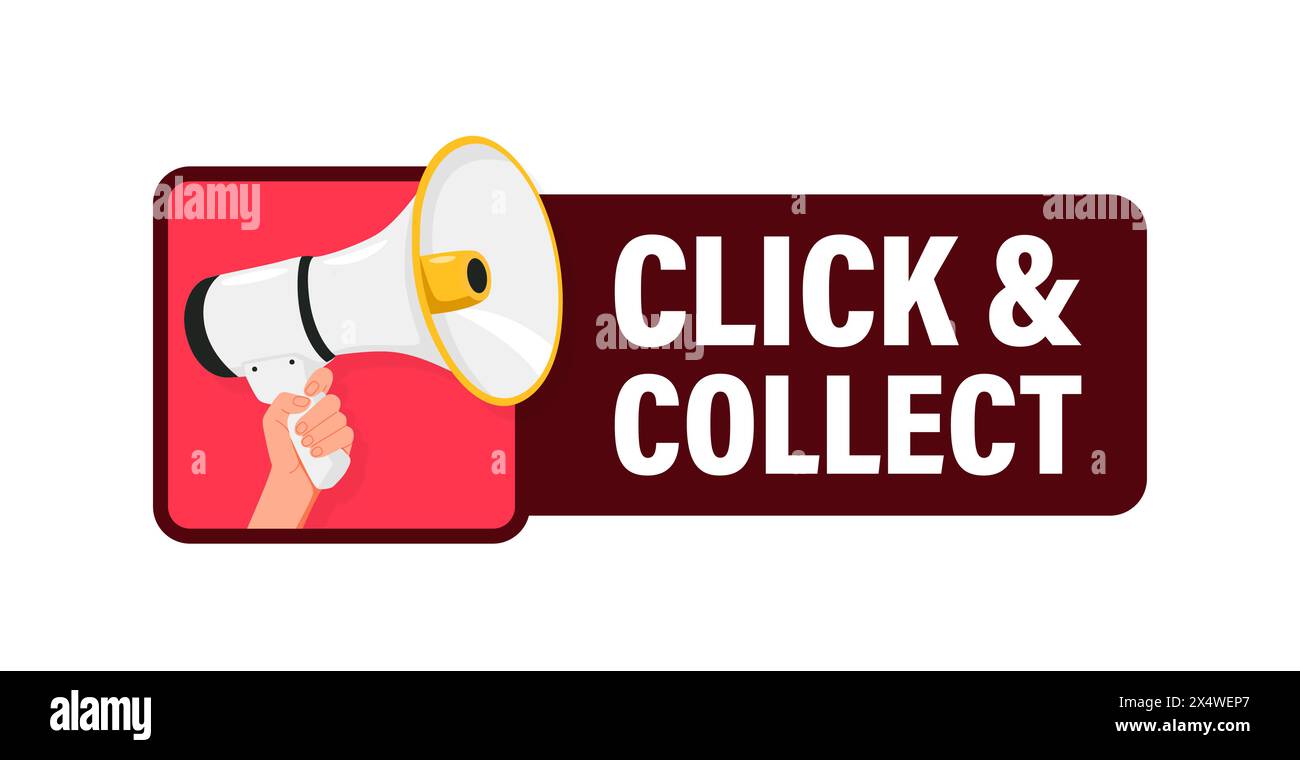 Click and collect. Hand hold megaphone speaker for announce. Attention