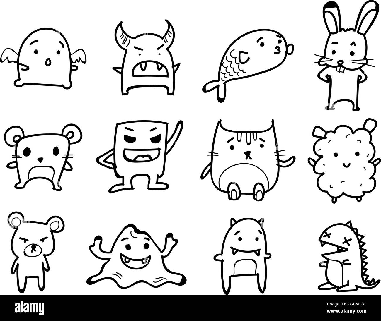 Set of Monsters, Animals. Doodle cartoon drawing on white background Stock Vector