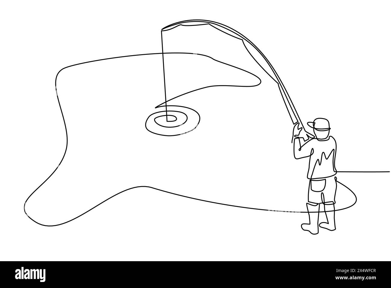 Single continuous line drawing young fisherman fishing. Man standing