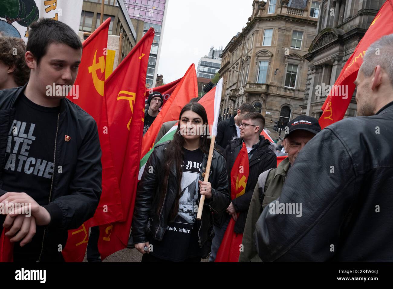 Glasgow, UK, 5th May 2024. Young Communist League at the Scottish Trade Union Council May Day rally of political, activist, and trade union groups, in Glasgow, Scotland, on 5 May 2024. Photo: Jeremy Suttton-Hibbert/Alamy Live News Stock Photo