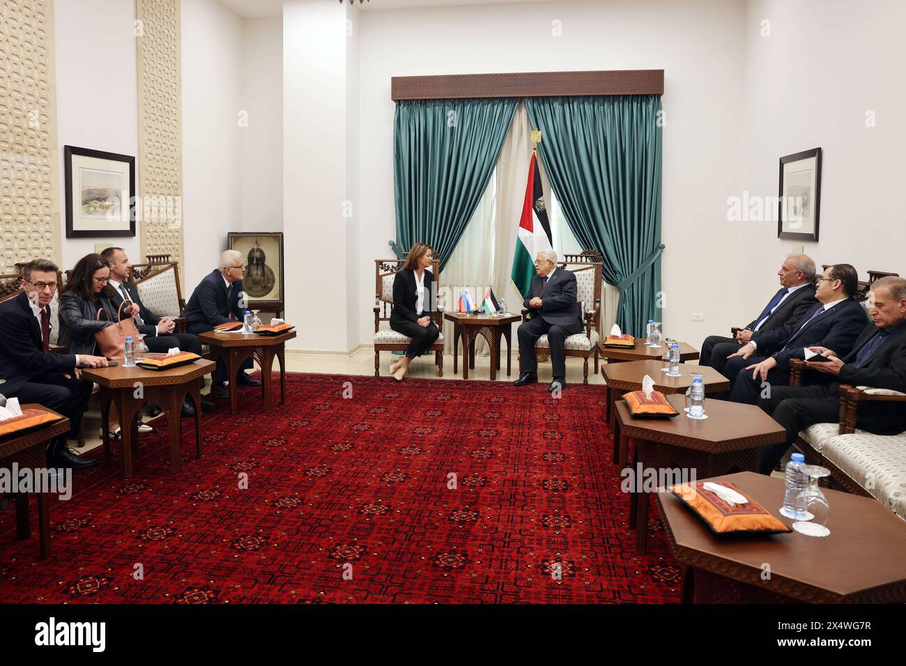 Palestinian President Mahmoud Abbas Abu Mazen meets with the Minister of Foreign Affairs of Slovenia Palestinian President Mahmoud Abbas Abu Mazen meets with the Minister of Foreign Affairs of Slovenia, Tanja Fajon, in Ramallah, on May 05, 2024. Photo by Thaer Ganaim apaimages Ramallah West Bank Palestinian Territory 050524 Ramallah PPO 003 Copyright: xapaimagesxThaerxGanaimxxapaimagesx Stock Photo
