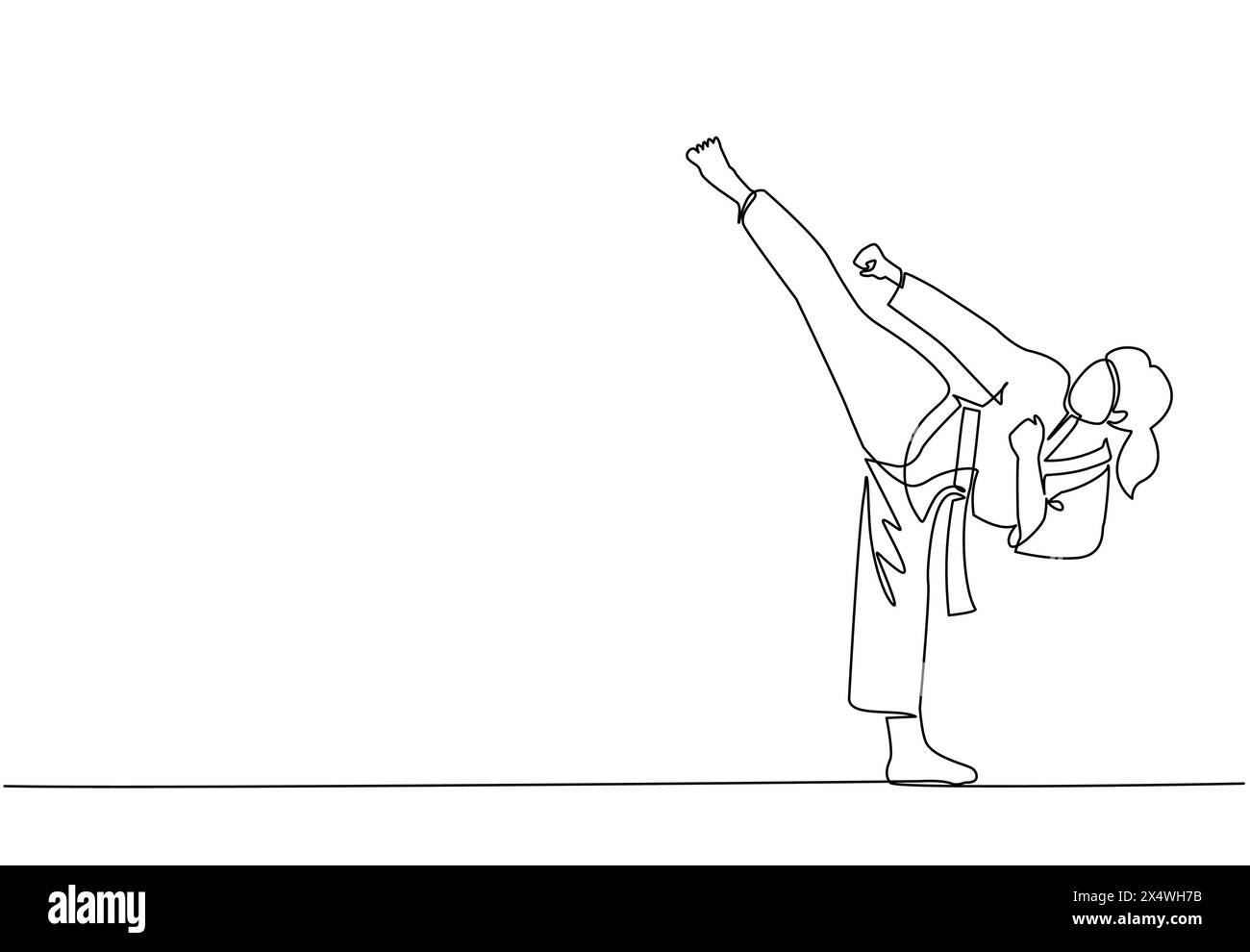 Single continuous line drawing young cute taekwondo woman doing kick ...