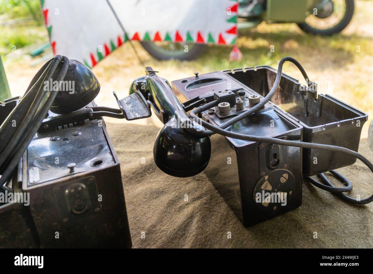 World War II military camp telephone Stock Photo