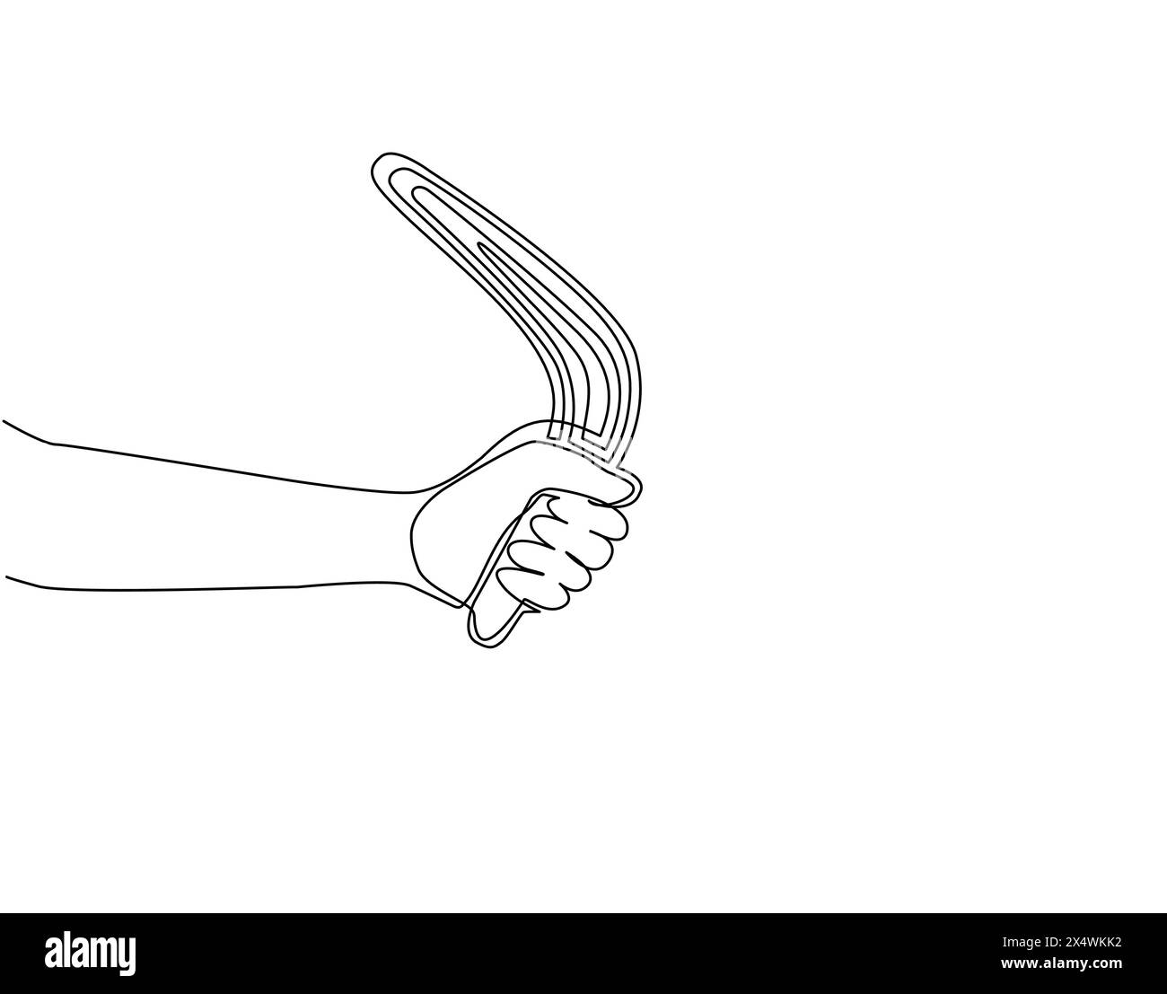 Single one line drawing hand holding boomerang, ancient aboriginal
