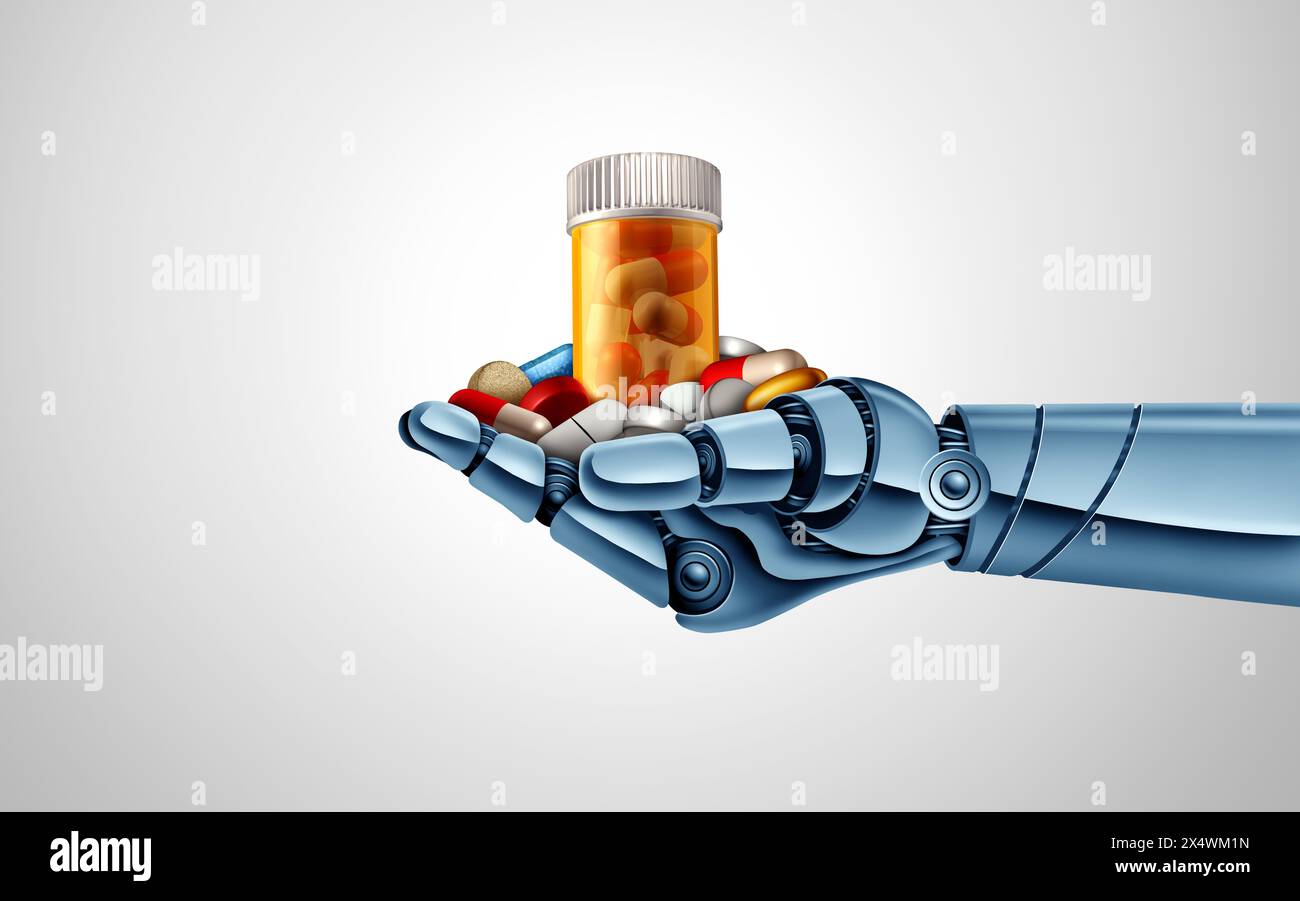 AI Medicine and Artificial intelligence in healthcare or Robot pharmacist and robotics in pharmacies as the future of prescription medication and heal Stock Photo