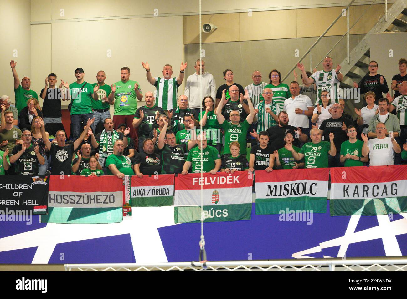 Esbjerg, Denmark. 05th May, 2024. Traveling Hungarian fans during the EHF Champions League quarterfinals between Team Esbjerg and FTC-Rail Cargo Hungaria at Blue Water Dokken in Esbjerg on Sunday, May 5, 2024. The match ended 29-24. (Photo: Frank Cilius/Ritzau Scanpix) Credit: Ritzau/Alamy Live News Stock Photo