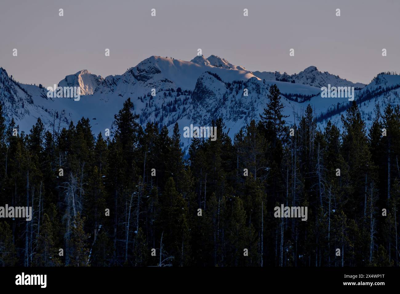 Idaho winter mountain range with sunset on tops Stock Photo