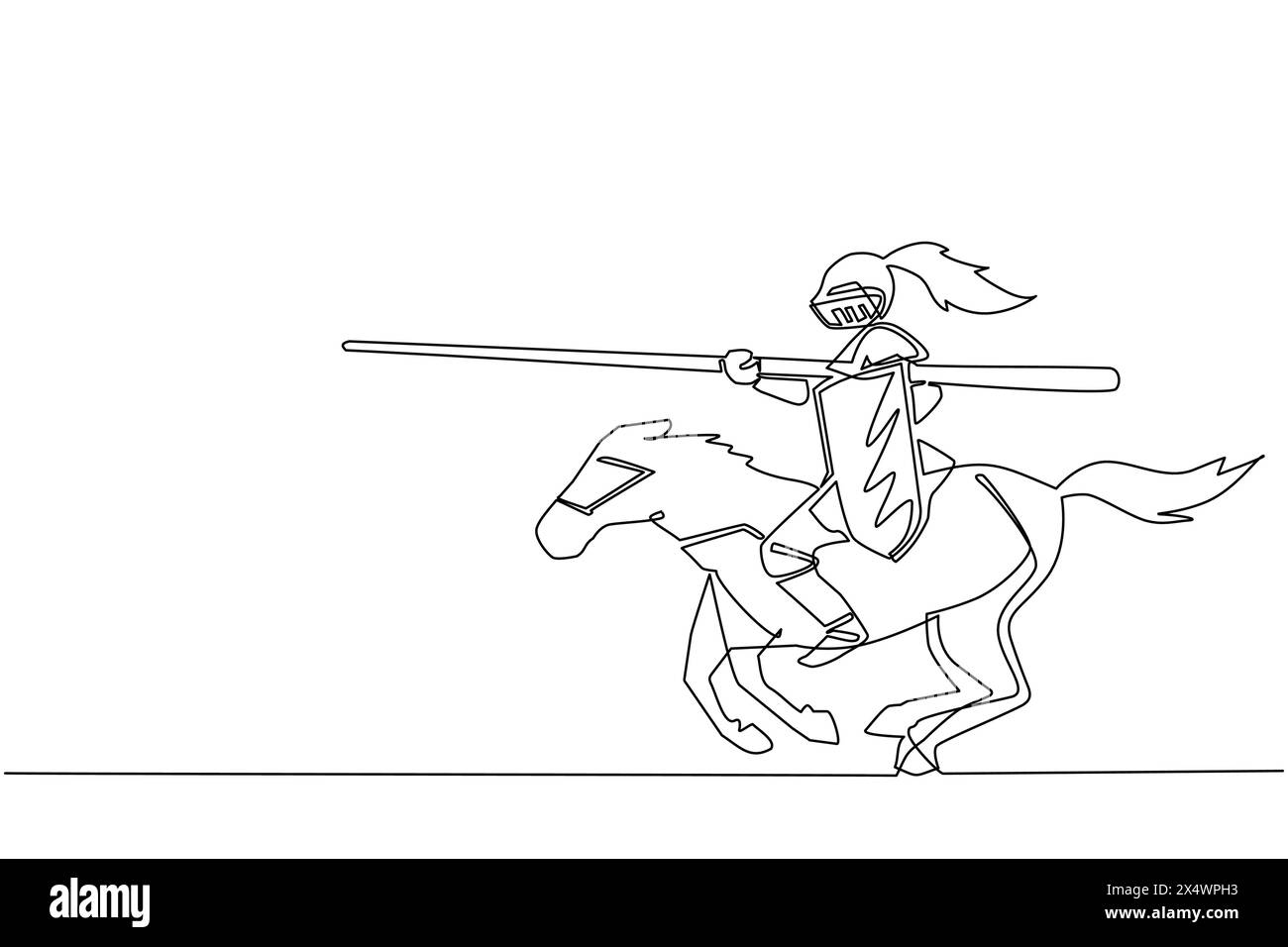 Continuous one line drawing medieval knight tournament cartoon composition with horseman in suits of armor in jousting contest. Medieval heraldry symb Stock Vector