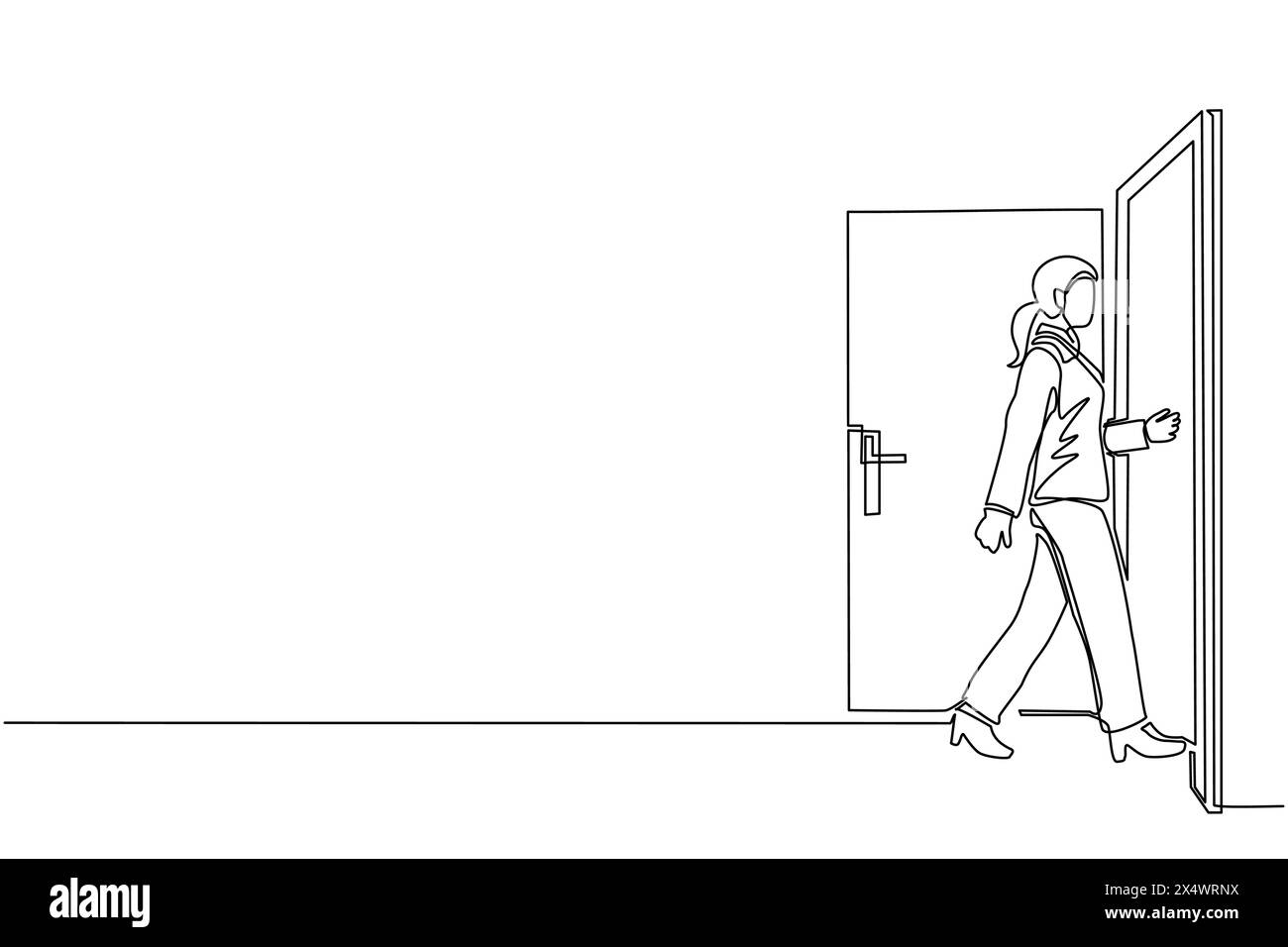 Single one line drawing businesswoman enters the room through the door