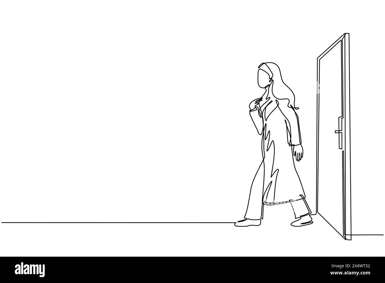 Single continuous line drawing Arabic businesswoman walking and leaving closed door. New business ventures. Entering new market. Career growth concept Stock Vector