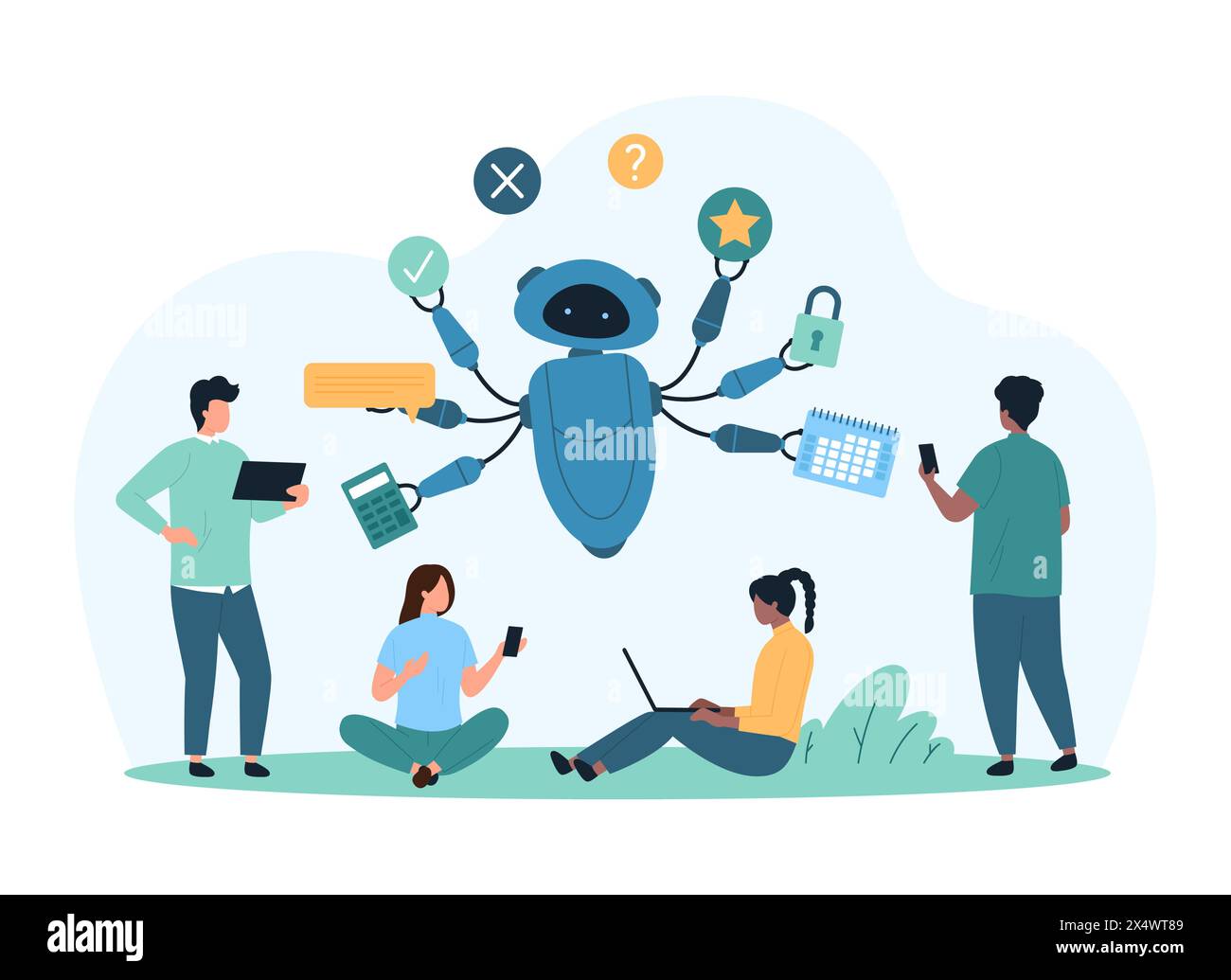 Office productivity of employee with AI services. Tiny people work with productive robot secretary, multitask support online from chat bot with many hands and skills cartoon vector illustration Stock Vector