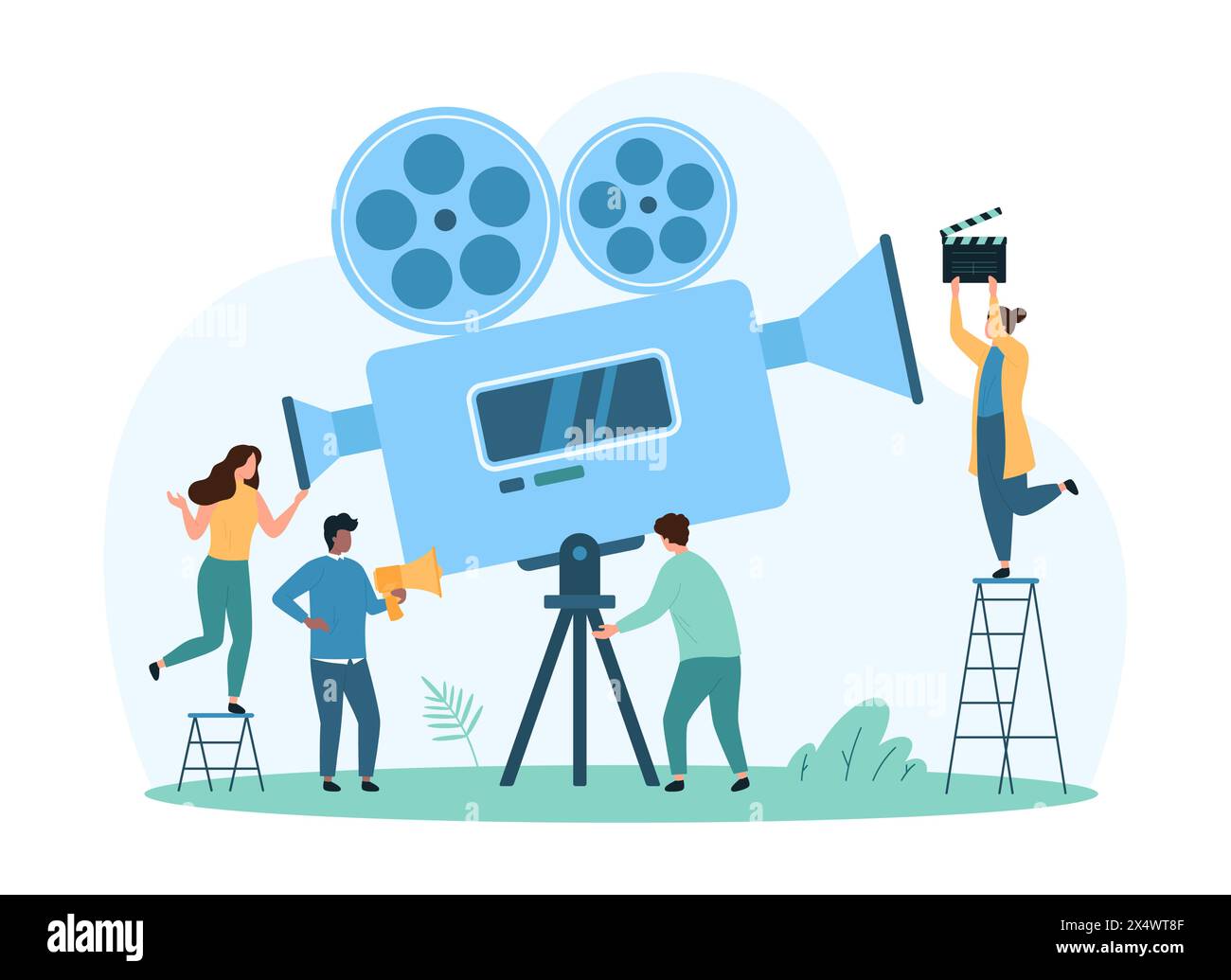 Video recording, videography and multimedia production. Tiny people with megaphone, clapperboard and professional camera record film, studio backstage of movie making cartoon vector illustration Stock Vector