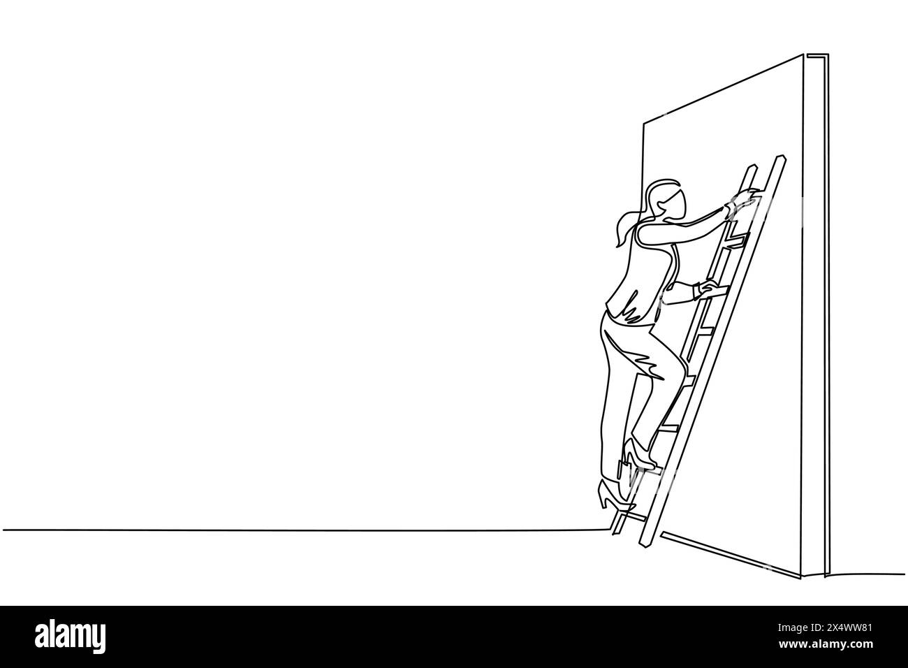 Continuous one line drawing businesswoman climbing up the wall with ladder. Business obstacle metaphor. Symbol for career growth, finding creative sol Stock Vector
