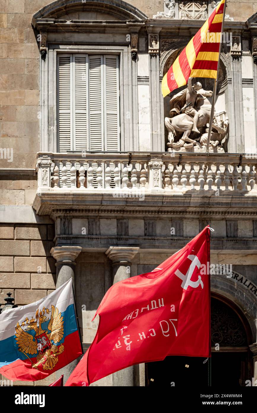 Barcelona, Spain. May 5, 2024, Barcelona, Spain Members of the Russian community, Soviet-era nostalgics and communists have gathered in Barcelona's Plaza Sant Jaume to commemorate the 79th anniversary of the Red Army's Soviet victory over Nazi Germany and subsequent liberation of Europe during World War II (1945). The march is known as The Immortal Regiment and participants carry photos of their family members who fought in the Second World War. Credit: Jordi Boixareu/Alamy Life News Stock Photo