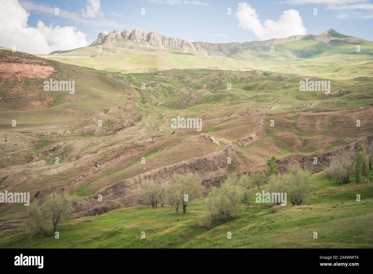 Landscape with cliffs, rocks and green grass in Noah Ark national park in Eastern Turkey. Stock Photo