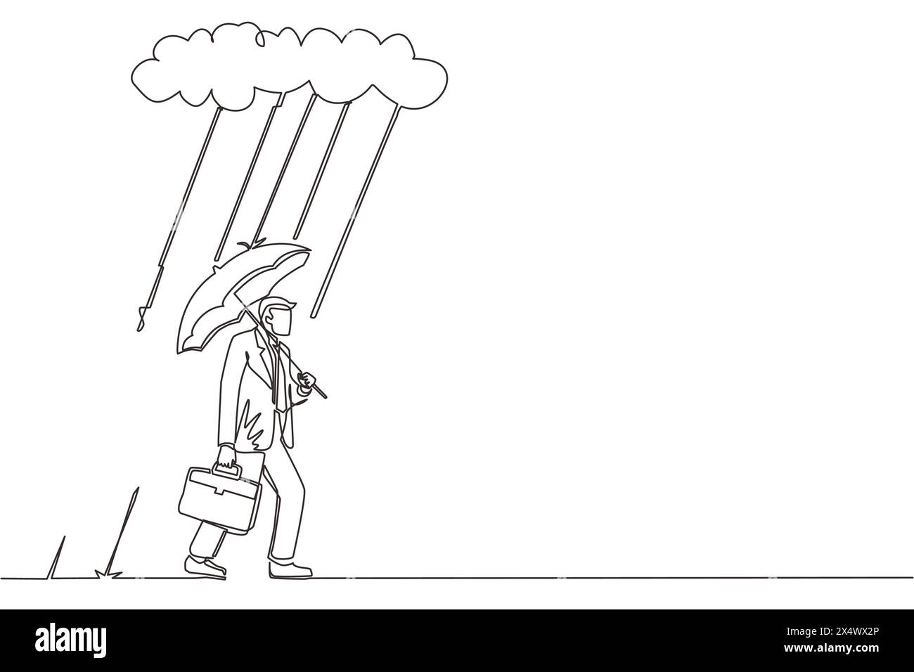Single one line drawing businessman with briefcase and umbrella stand ...