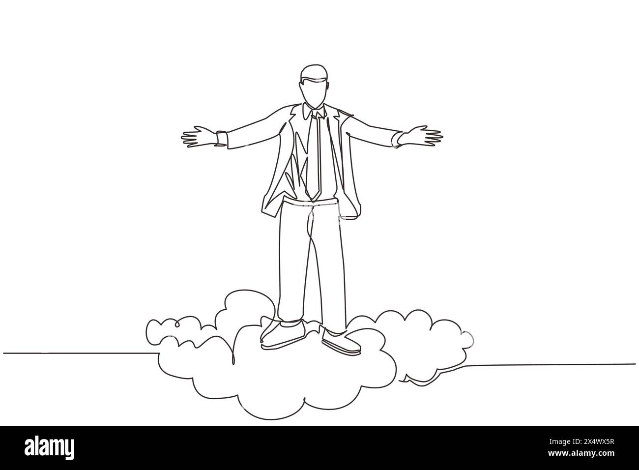 Single one line drawing happy businessman on top of cloud with raised ...