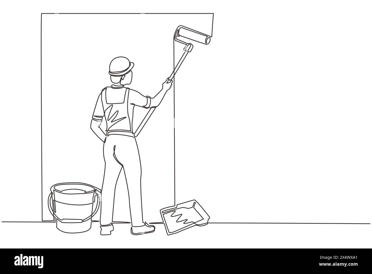 Single one line drawing man painting wall with roller. Vector concept