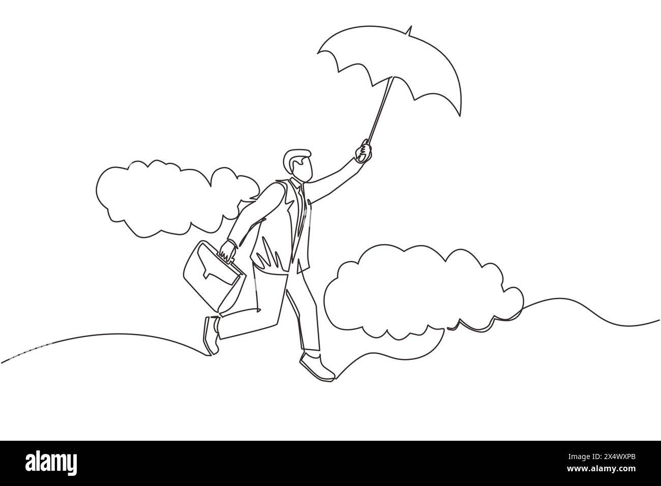 Single one line drawing happy wealthy businessman flying with his ...