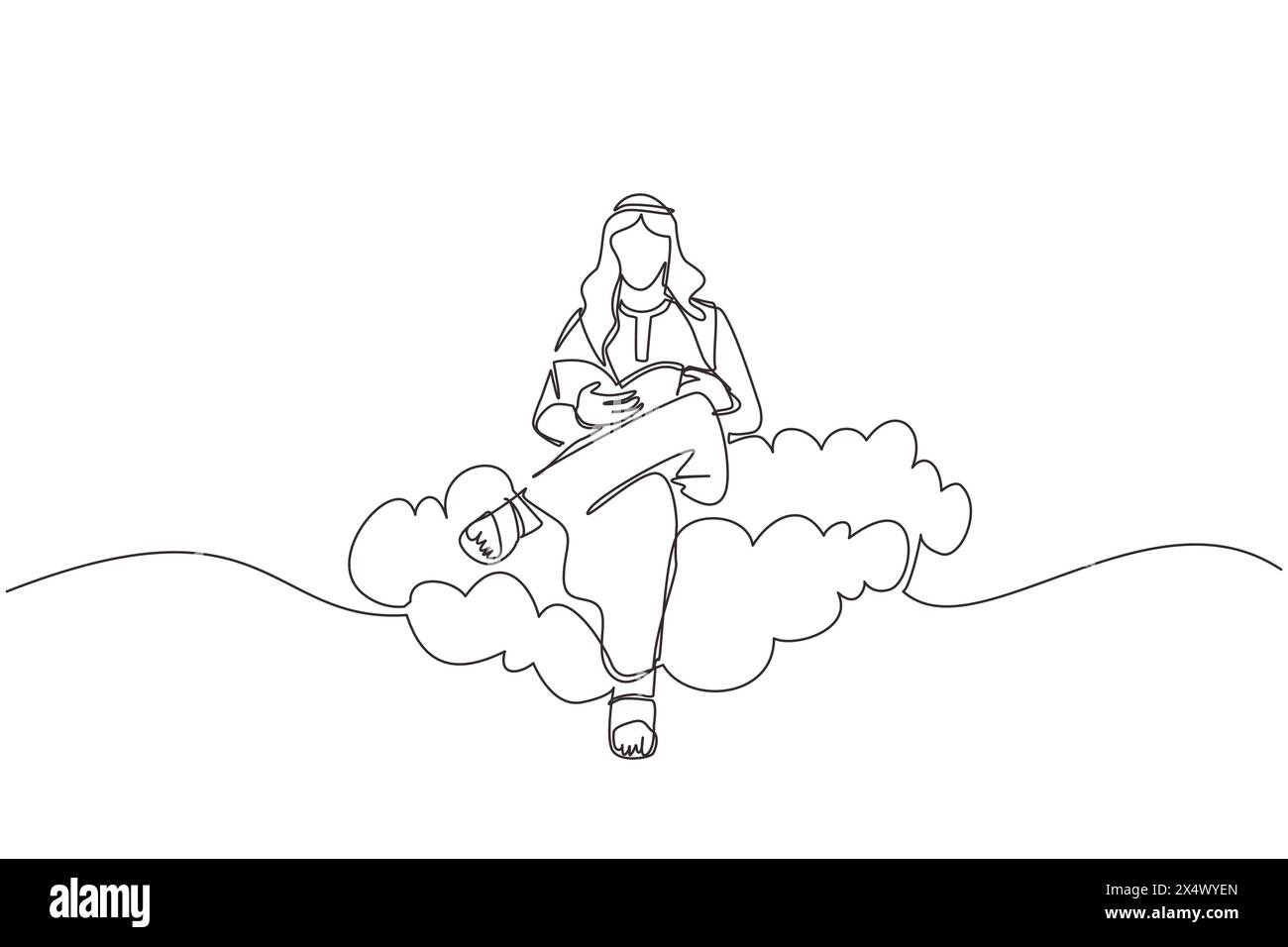 Continuous one line drawing Arab man sitting on cloud reading book ...