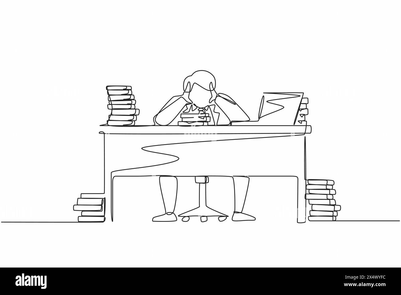 Single one line drawing stressed businessman throwing tantrum in office holding his hands to his head shouting while seated at desk surrounded by file Stock Vector