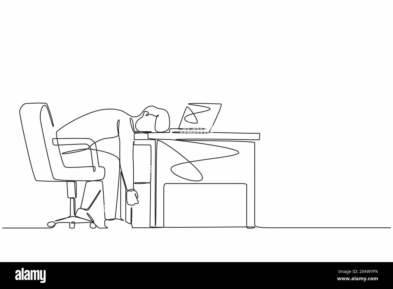 Continuous one line drawing professional burnout syndrome. Exhausted sick tired male manager in office sad boring sitting with head down on laptop. Si Stock Vector