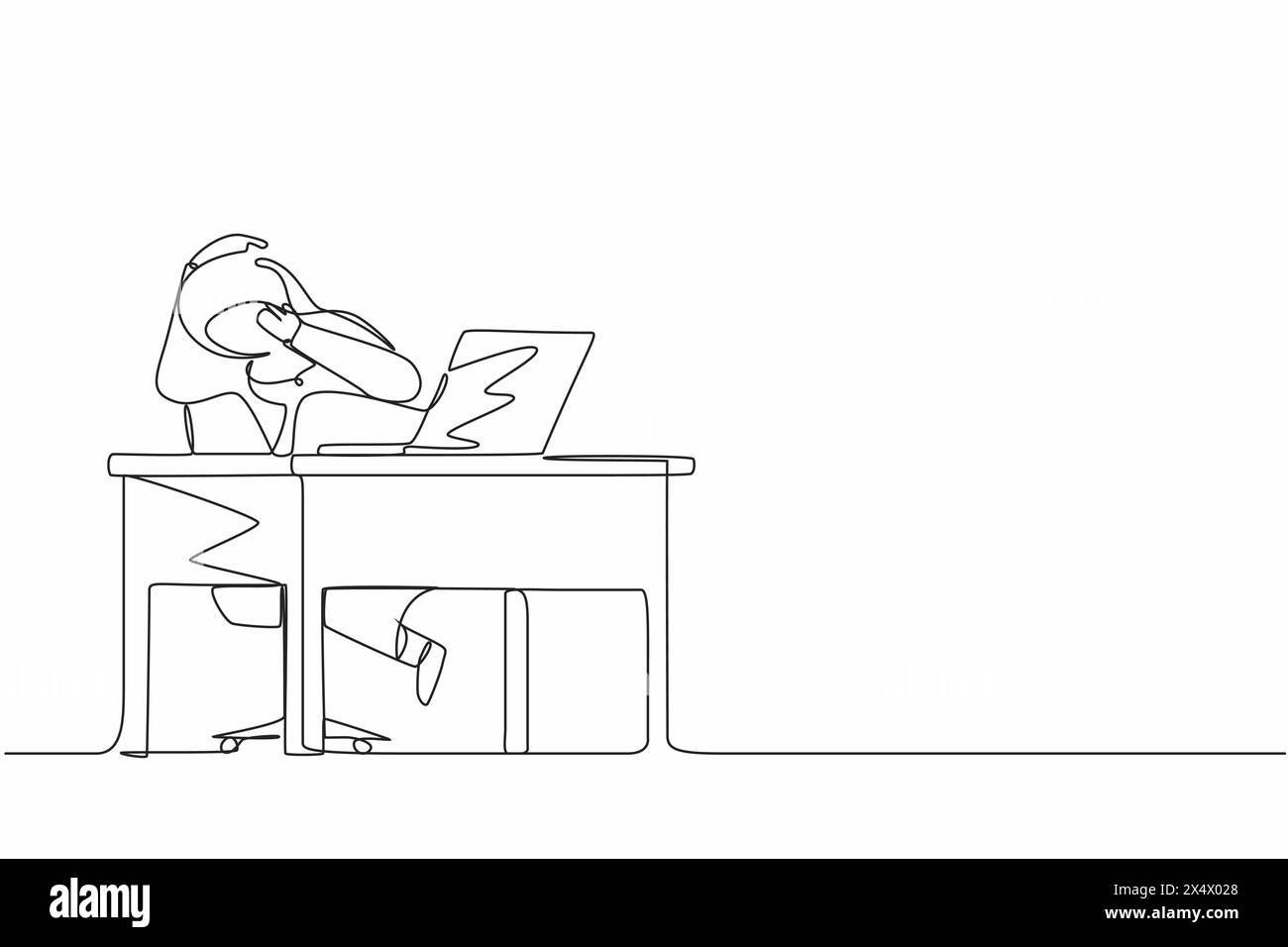 Continuous one line drawing scared Arabian woman manager looking at laptop computer screen. Shocked girl watching video on her notebook computer at ho Stock Vector