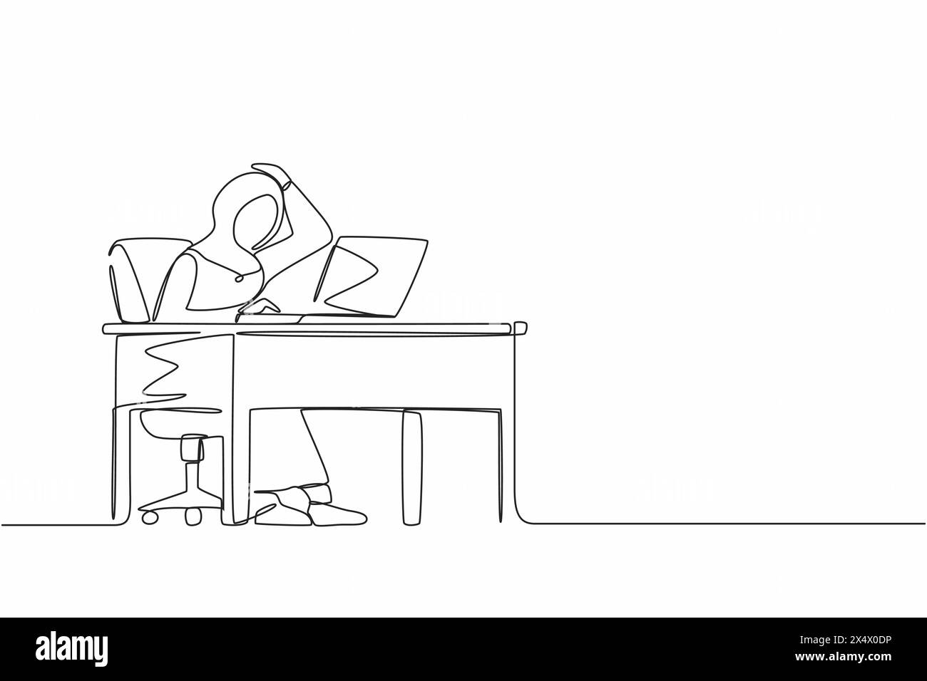 Single one line drawing female manager working on computer laptop. Arab woman with question mark over head scratches back of her head sitting in front Stock Vector